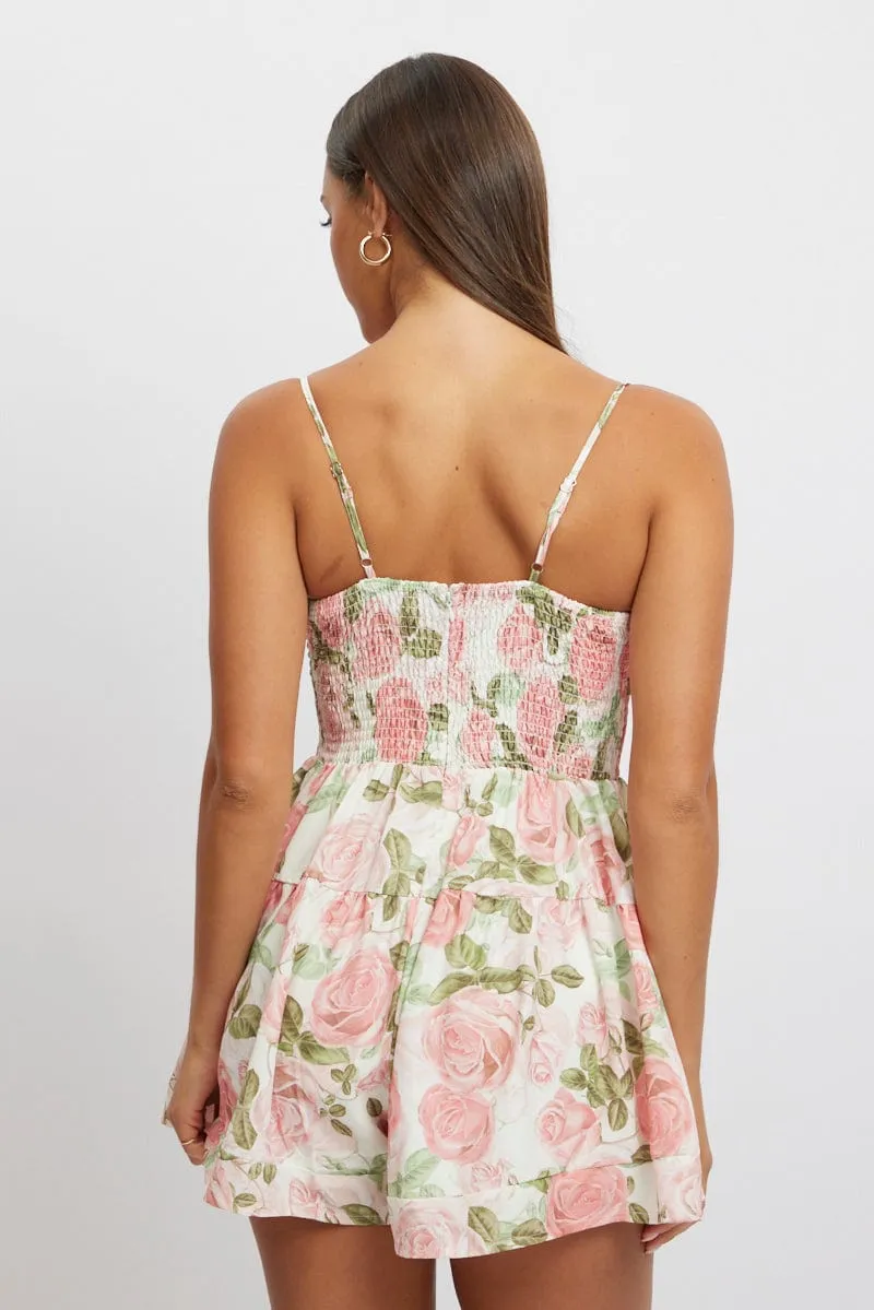 Pink Floral Playsuit Gathered Bust Mini