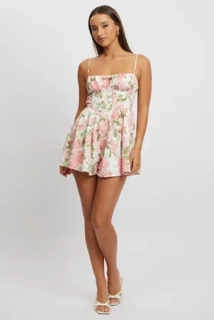 Pink Floral Playsuit Gathered Bust Mini