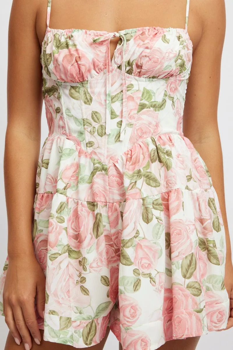 Pink Floral Playsuit Gathered Bust Mini