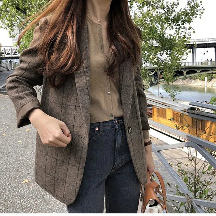 Plaid Notched Single Breasted Blazer Jacket