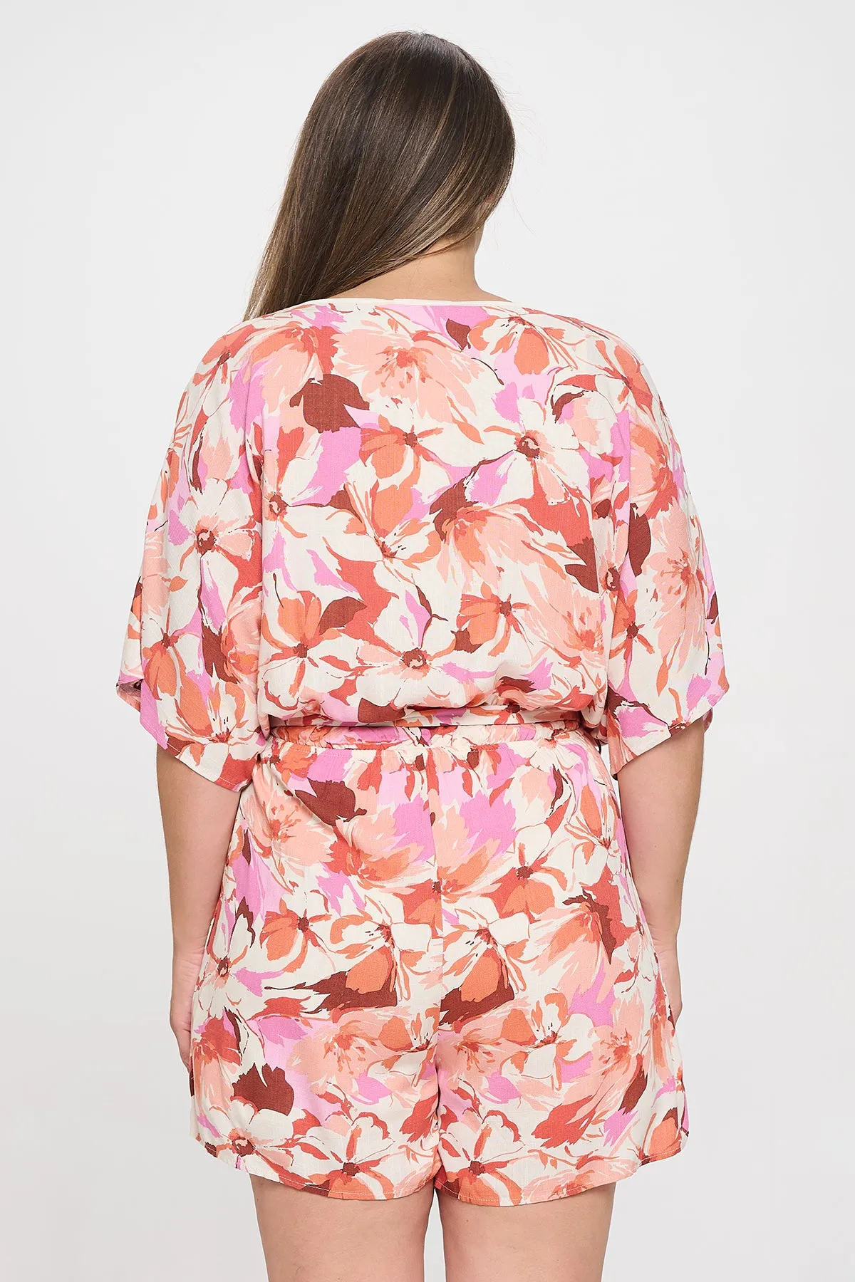 PLUS SIZE HALF SLEEVE WRAP TIE FLORAL ROMPER