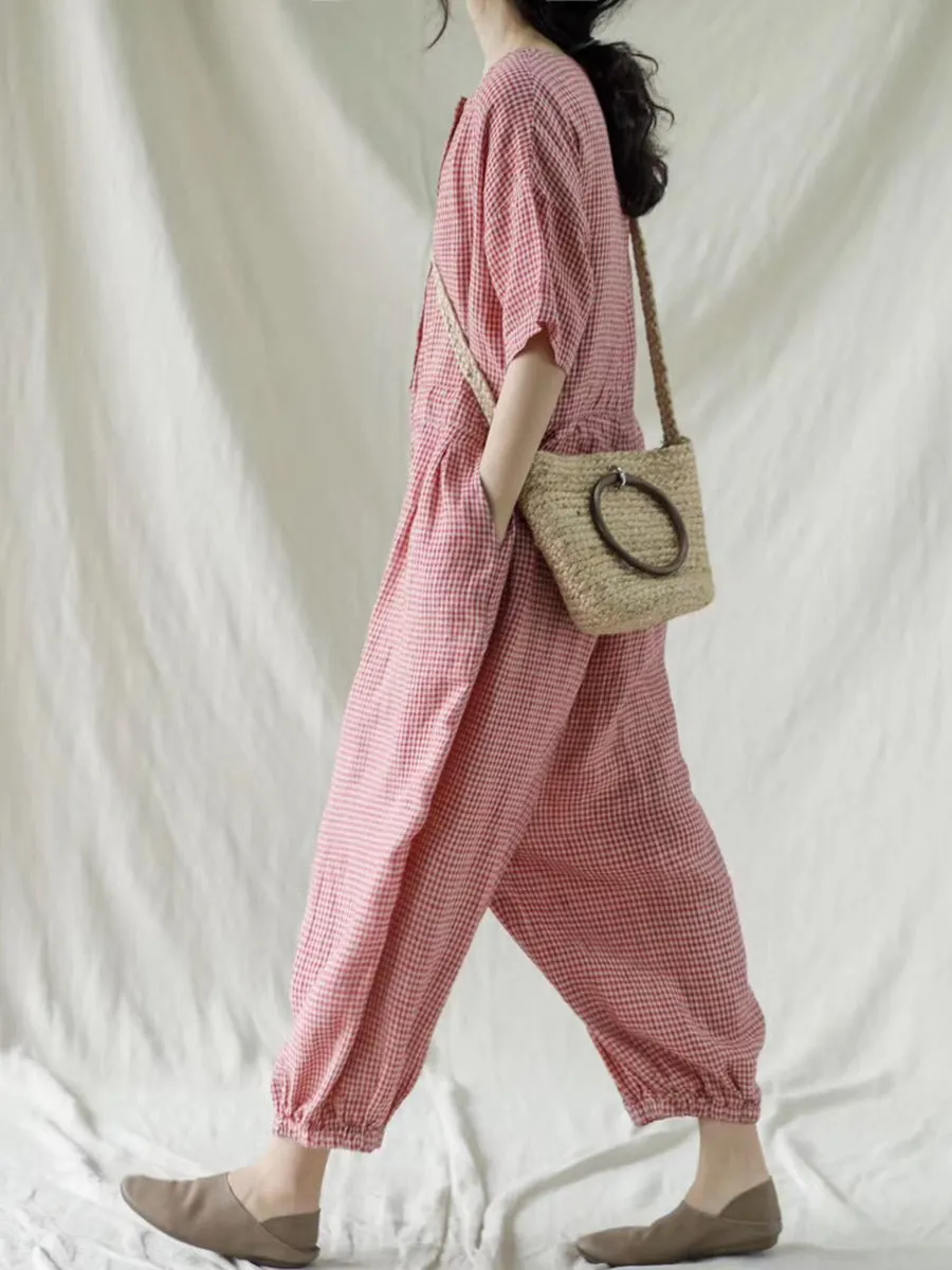 Plus Size Women Plaid Short Sleeve Summer Jumpsuit Overalls