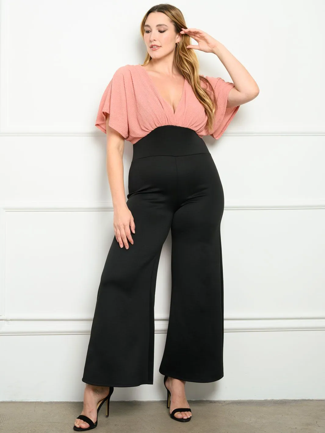 PLUS SIZE WOVEN TOP KNIT PANTS JUMPSUIT