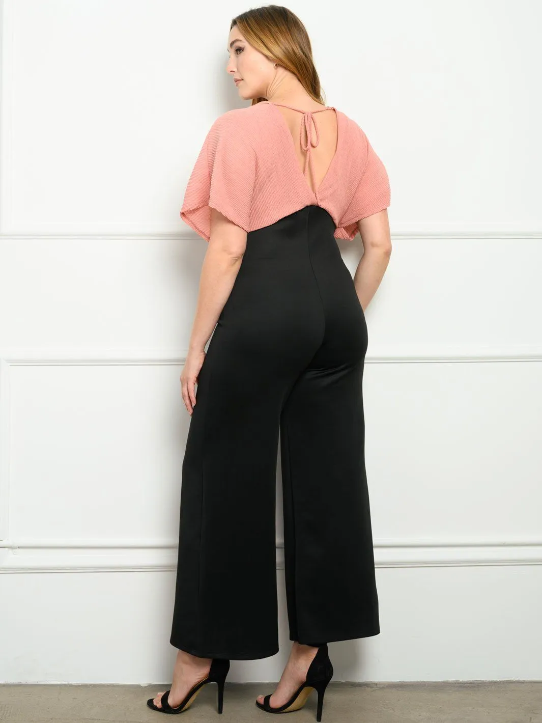 PLUS SIZE WOVEN TOP KNIT PANTS JUMPSUIT