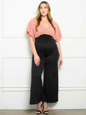PLUS SIZE WOVEN TOP KNIT PANTS JUMPSUIT