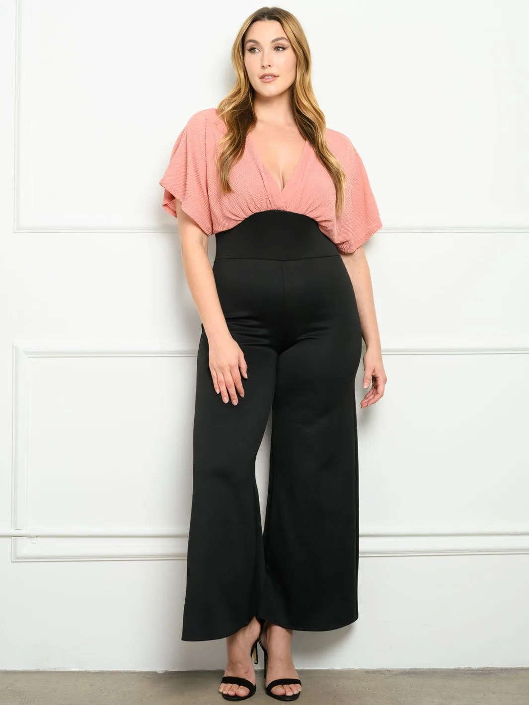 PLUS SIZE WOVEN TOP KNIT PANTS JUMPSUIT