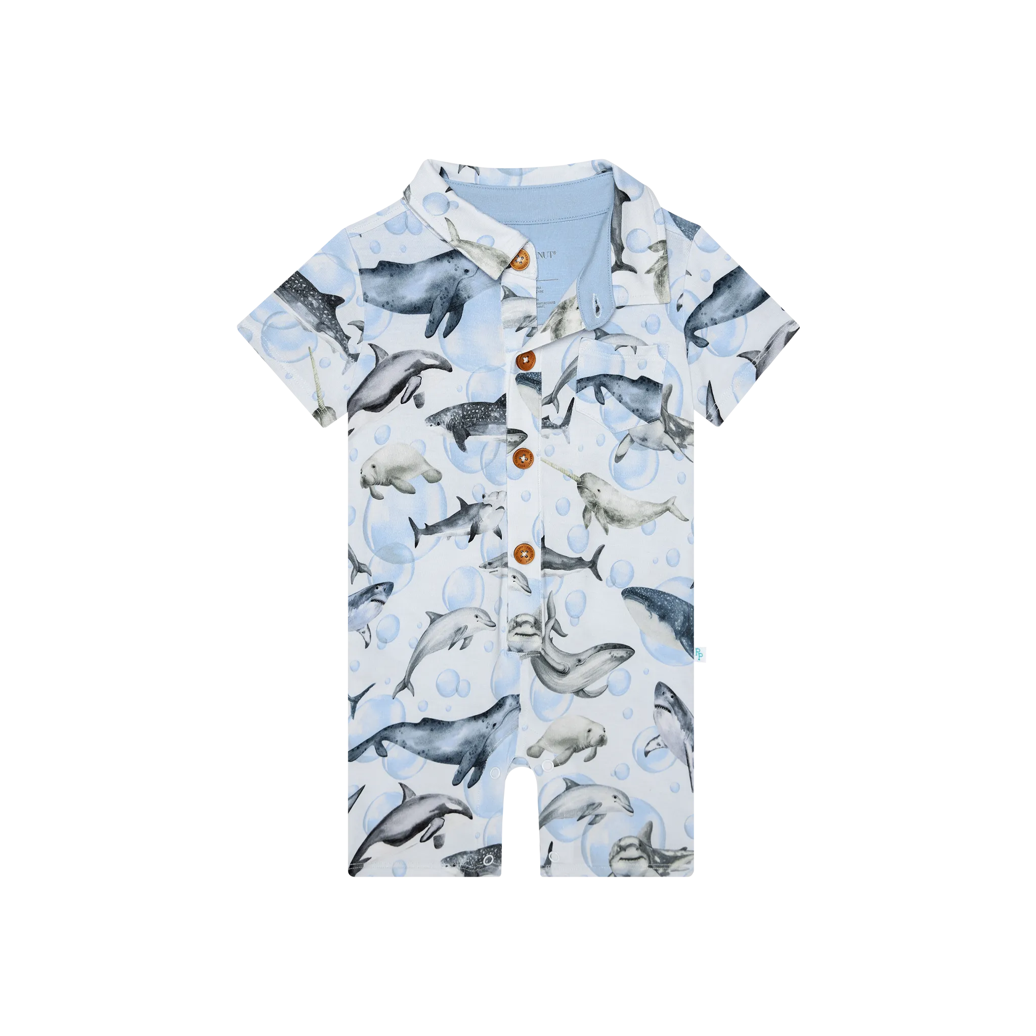 Posh Peanut- Sharkly Short Sleeve Collared Henley Romper
