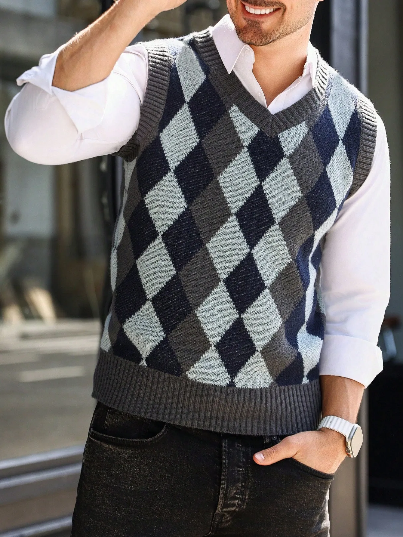QA RivetRise Men V-Neck Geometric Printed Color Contrast Knitted Vest