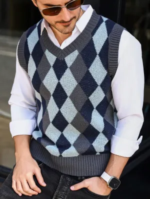 QA RivetRise Men V-Neck Geometric Printed Color Contrast Knitted Vest