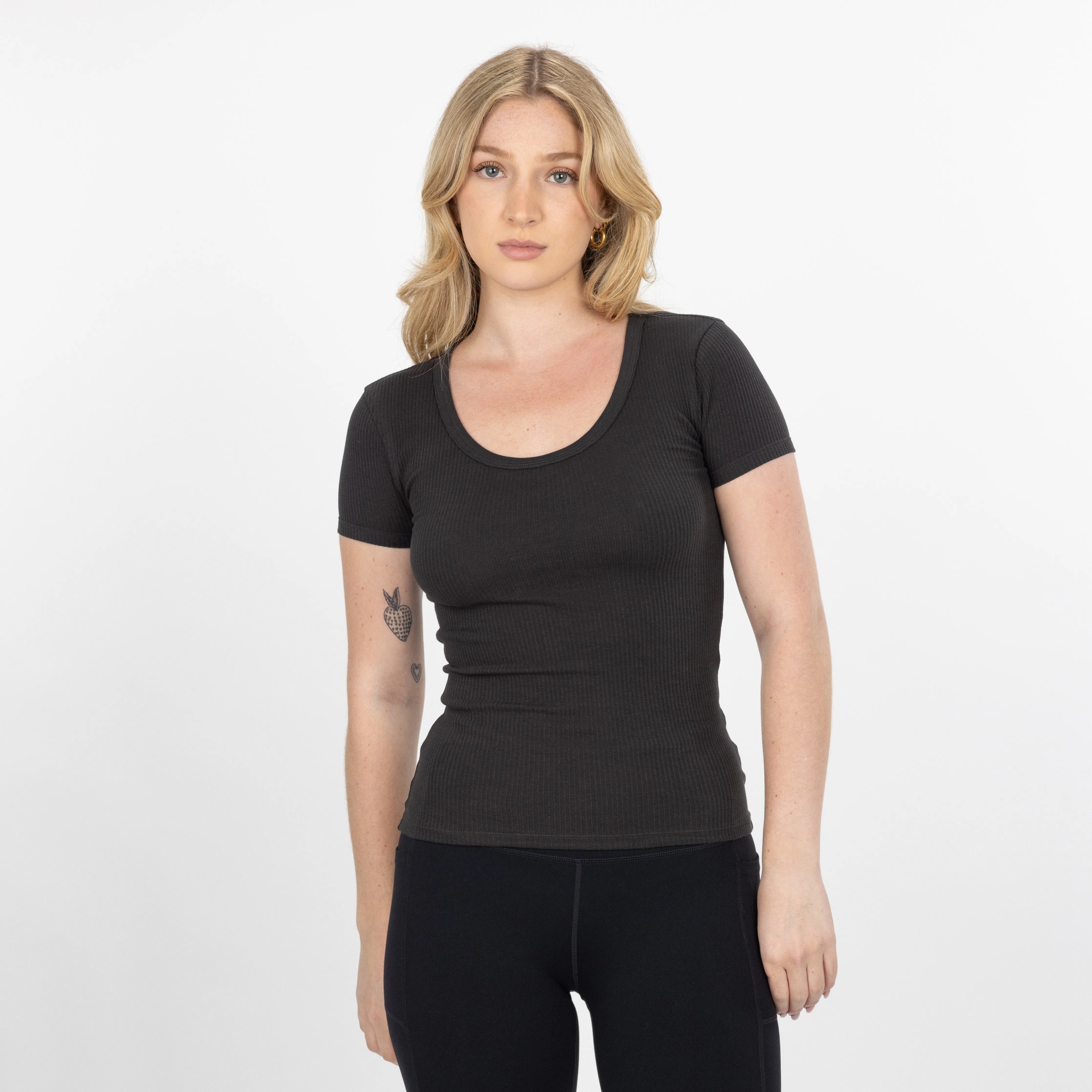 "Chunky" Cotton / Spandex Short Sleeve Scoop Neck Top - Pirate Black