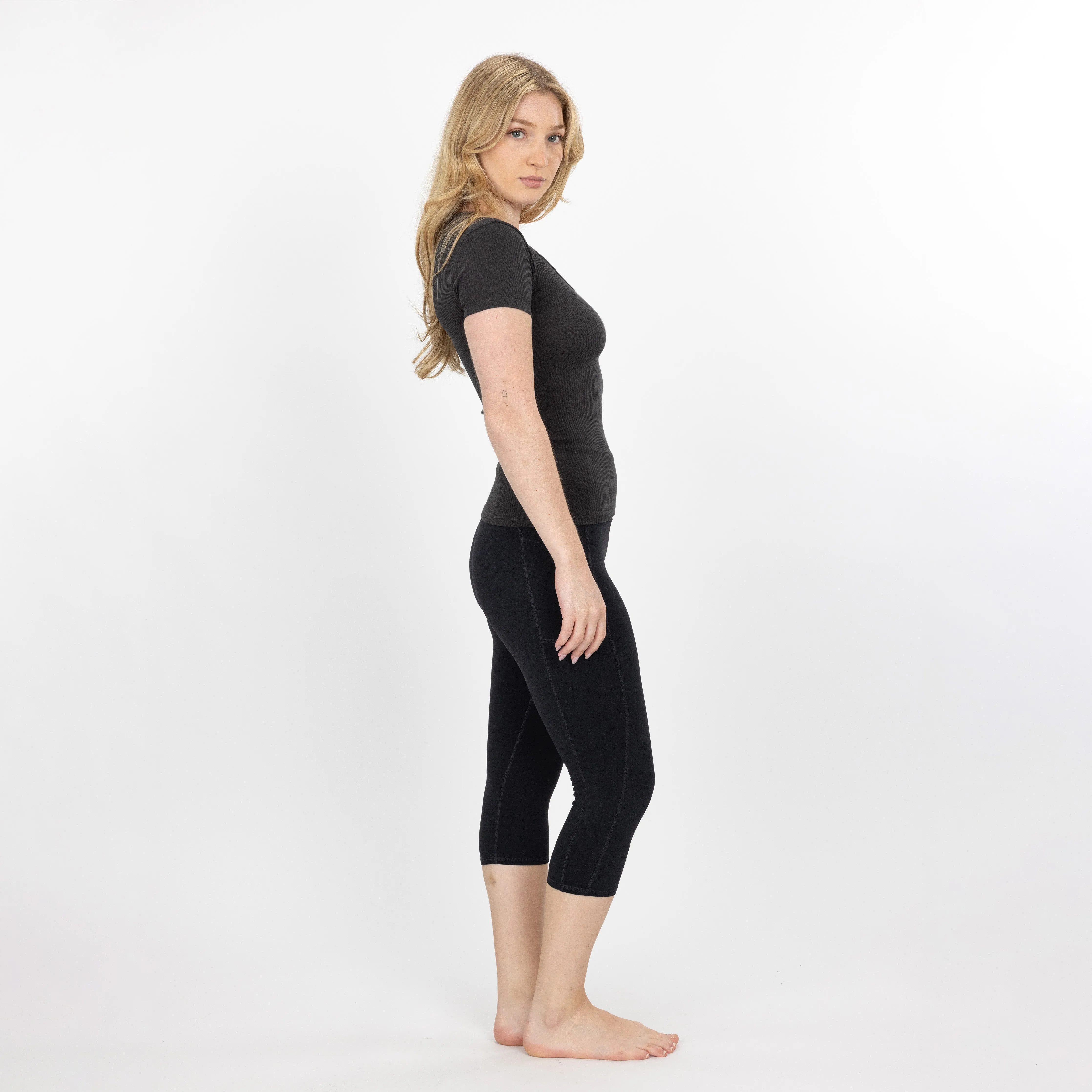 "Chunky" Cotton / Spandex Short Sleeve Scoop Neck Top - Pirate Black
