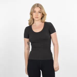 "Chunky" Cotton / Spandex Short Sleeve Scoop Neck Top - Pirate Black