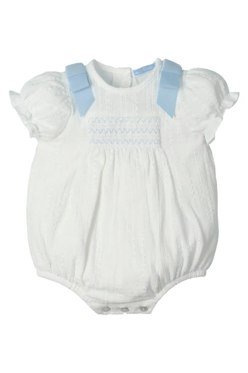 "Devon" White & Blue Smocked Romper