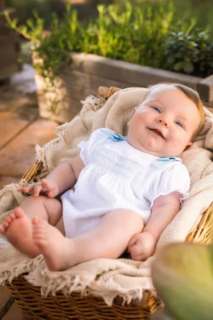 "Devon" White & Blue Smocked Romper