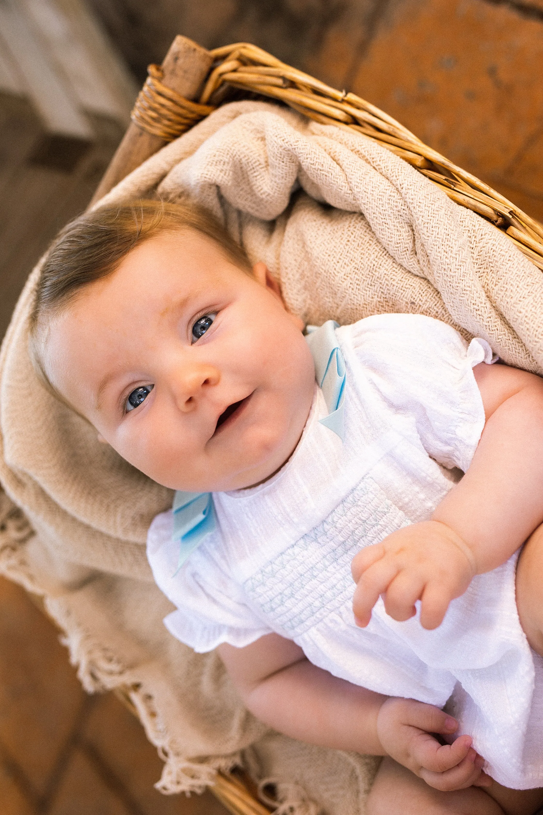 "Devon" White & Blue Smocked Romper