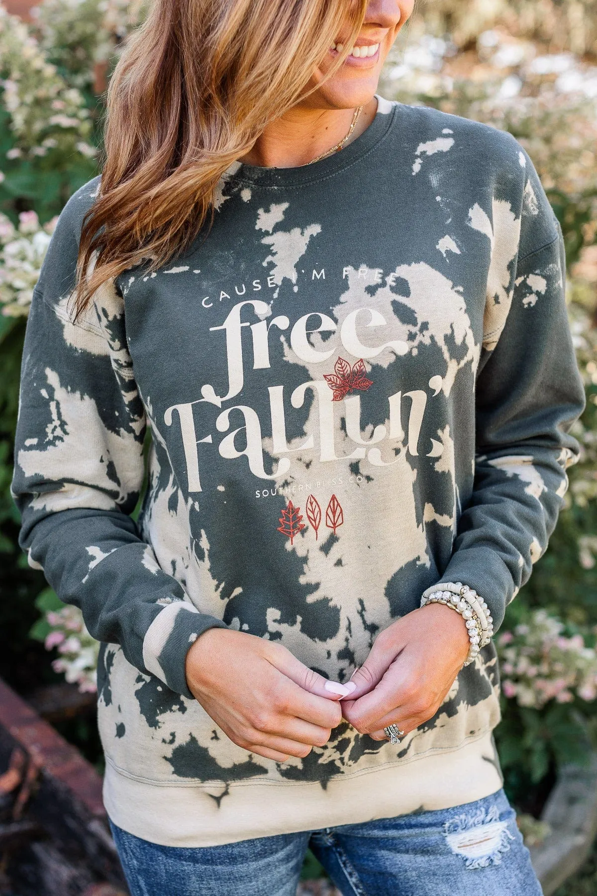 "Free Fallin" Bleached Crew Neck- Charcoal