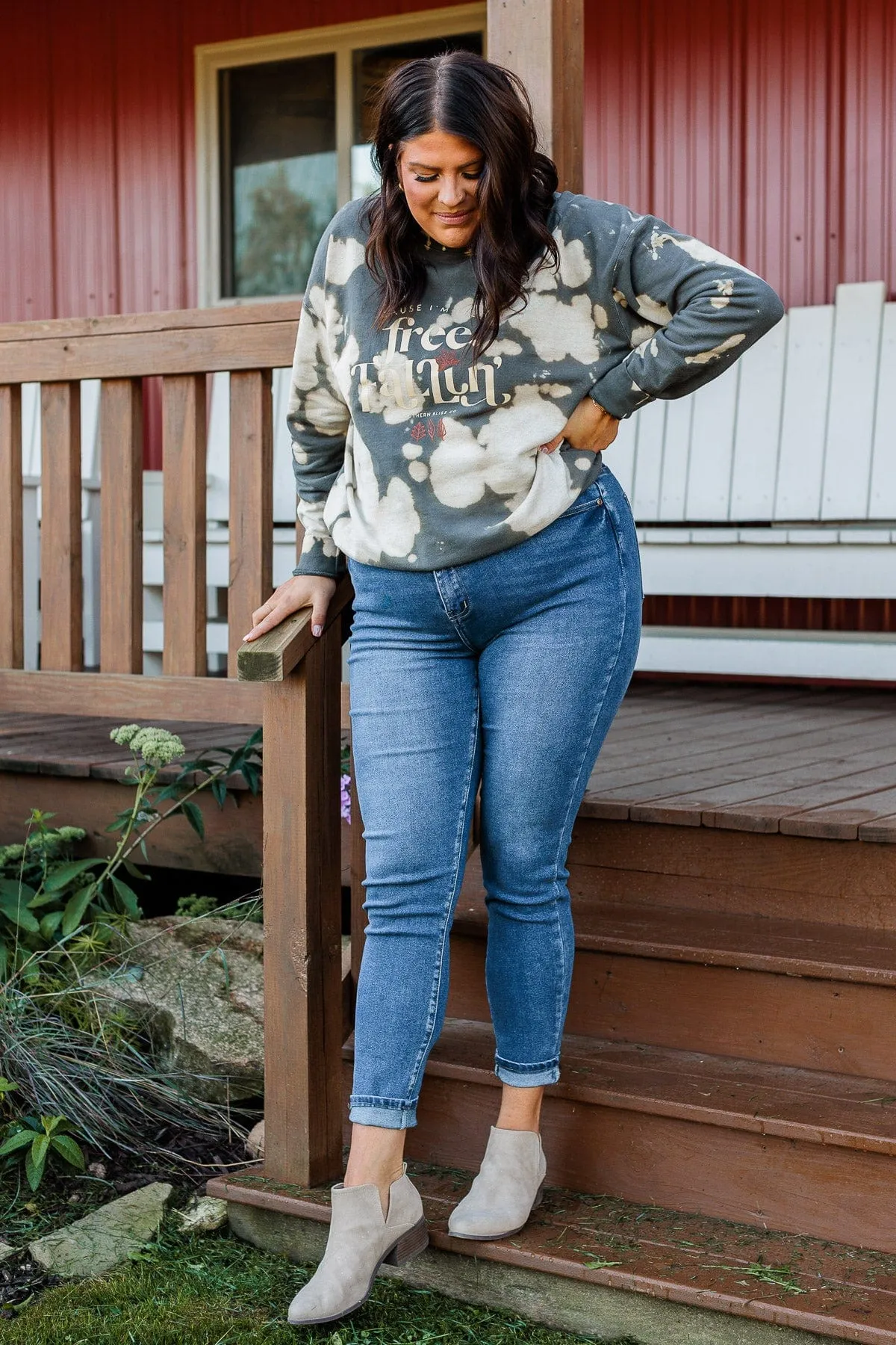 "Free Fallin" Bleached Crew Neck- Charcoal