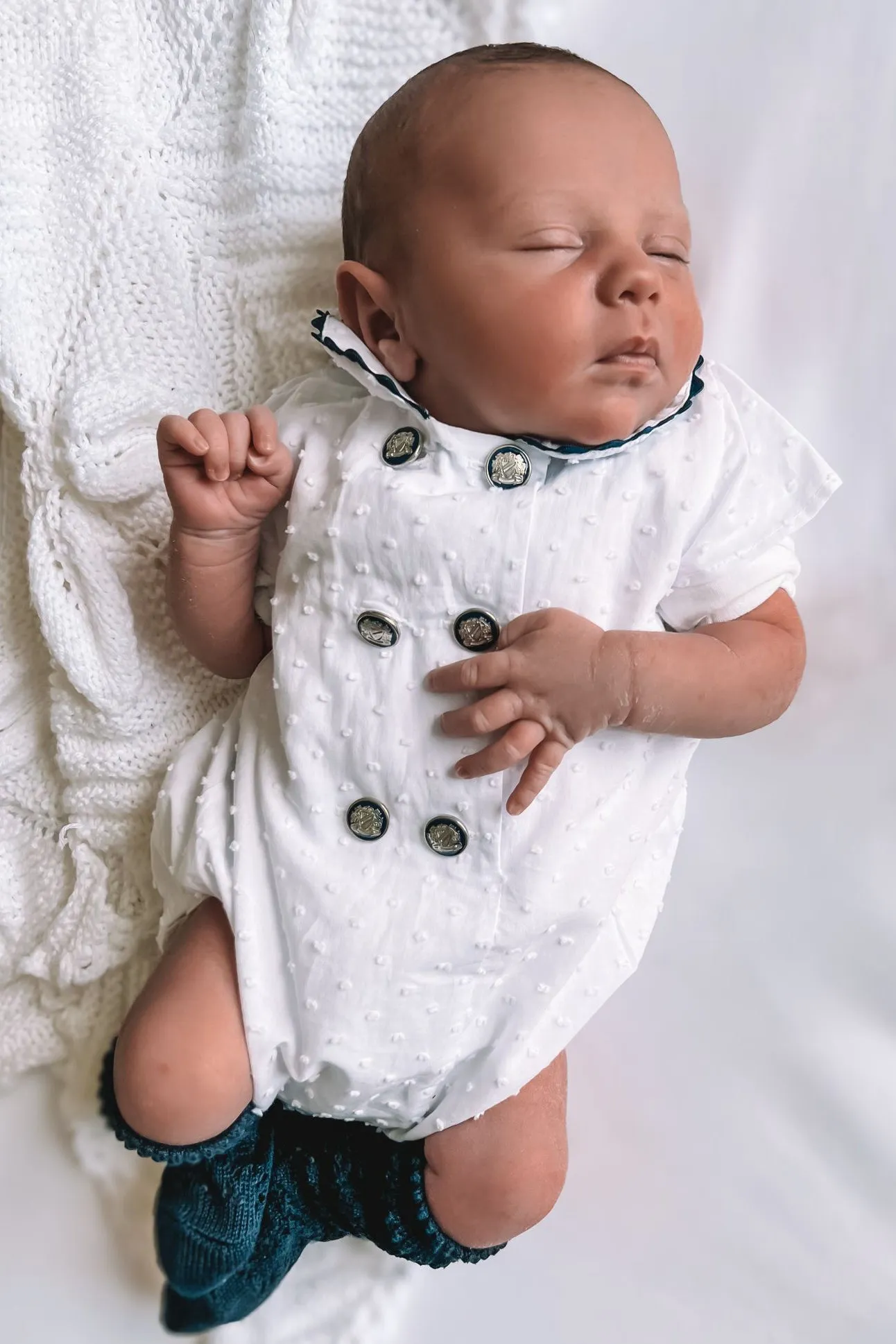 "Royal" White Plumeti Dot Nautical Romper