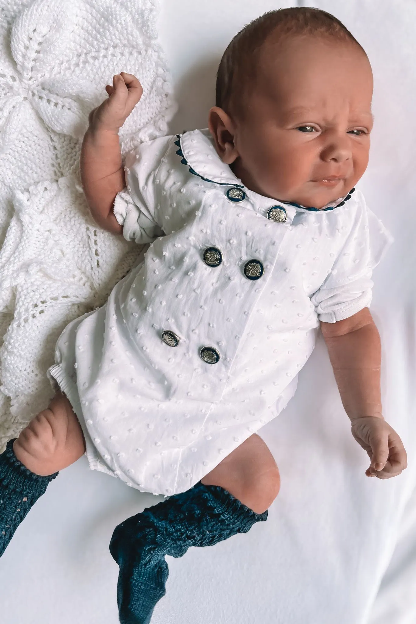 "Royal" White Plumeti Dot Nautical Romper