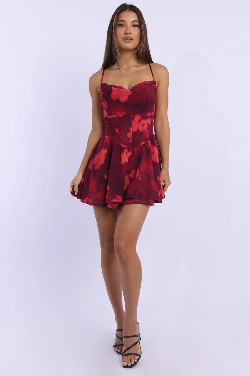 Red Floral Playsuit Cowlneck Strappy