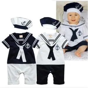 Retail fashion Summer born navy style baby romper suit kids boys girls rompers hat body summer short-sleeve sailor suit