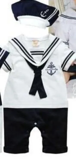 Retail fashion Summer born navy style baby romper suit kids boys girls rompers hat body summer short-sleeve sailor suit