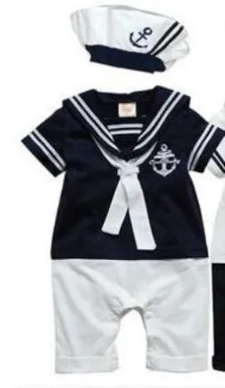 Retail fashion Summer born navy style baby romper suit kids boys girls rompers hat body summer short-sleeve sailor suit