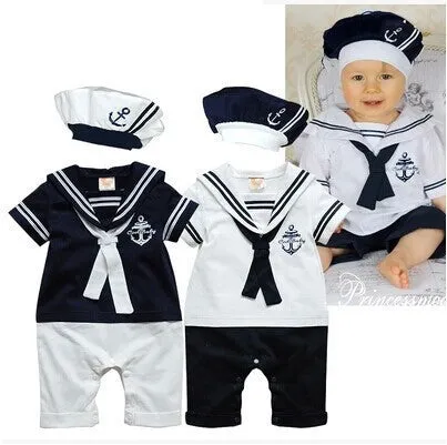 Retail fashion Summer born navy style baby romper suit kids boys girls rompers hat body summer short-sleeve sailor suit