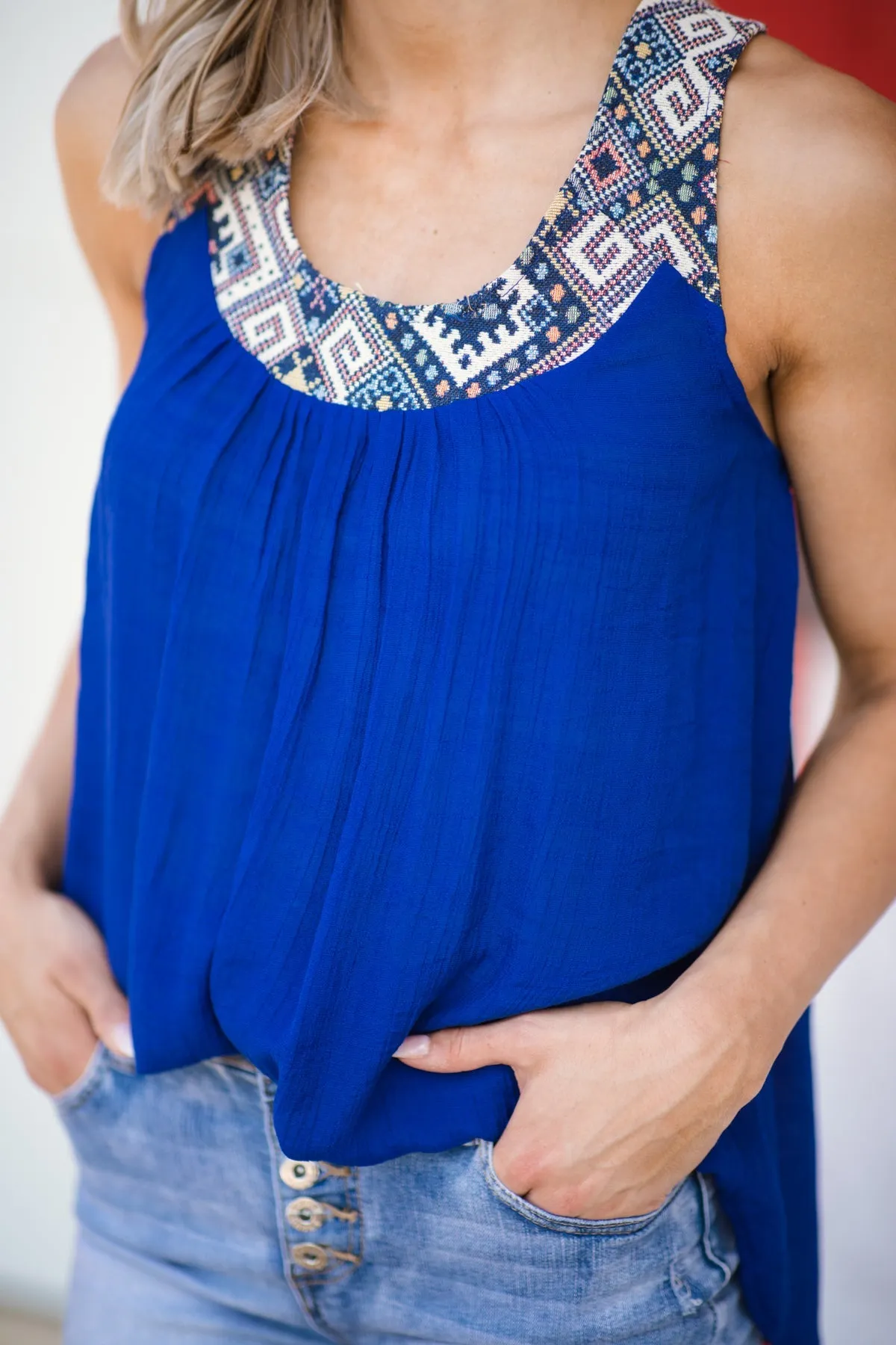 Royal Blue Aztec Trim Lace Up Back Tank