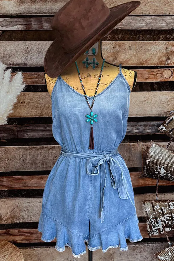 Ruffled Hem Denim Romper