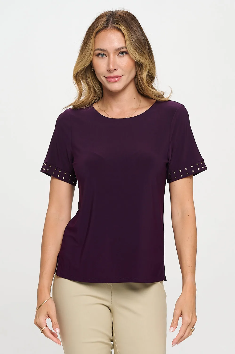 SCOOP NECK HOT FIX SLEEVE FASHION TEE TOP