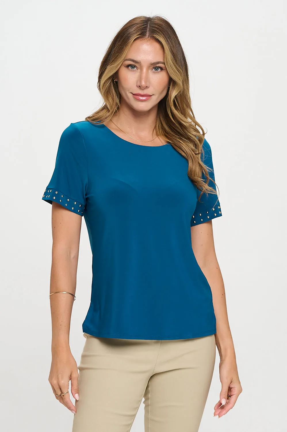 SCOOP NECK HOT FIX SLEEVE FASHION TEE TOP