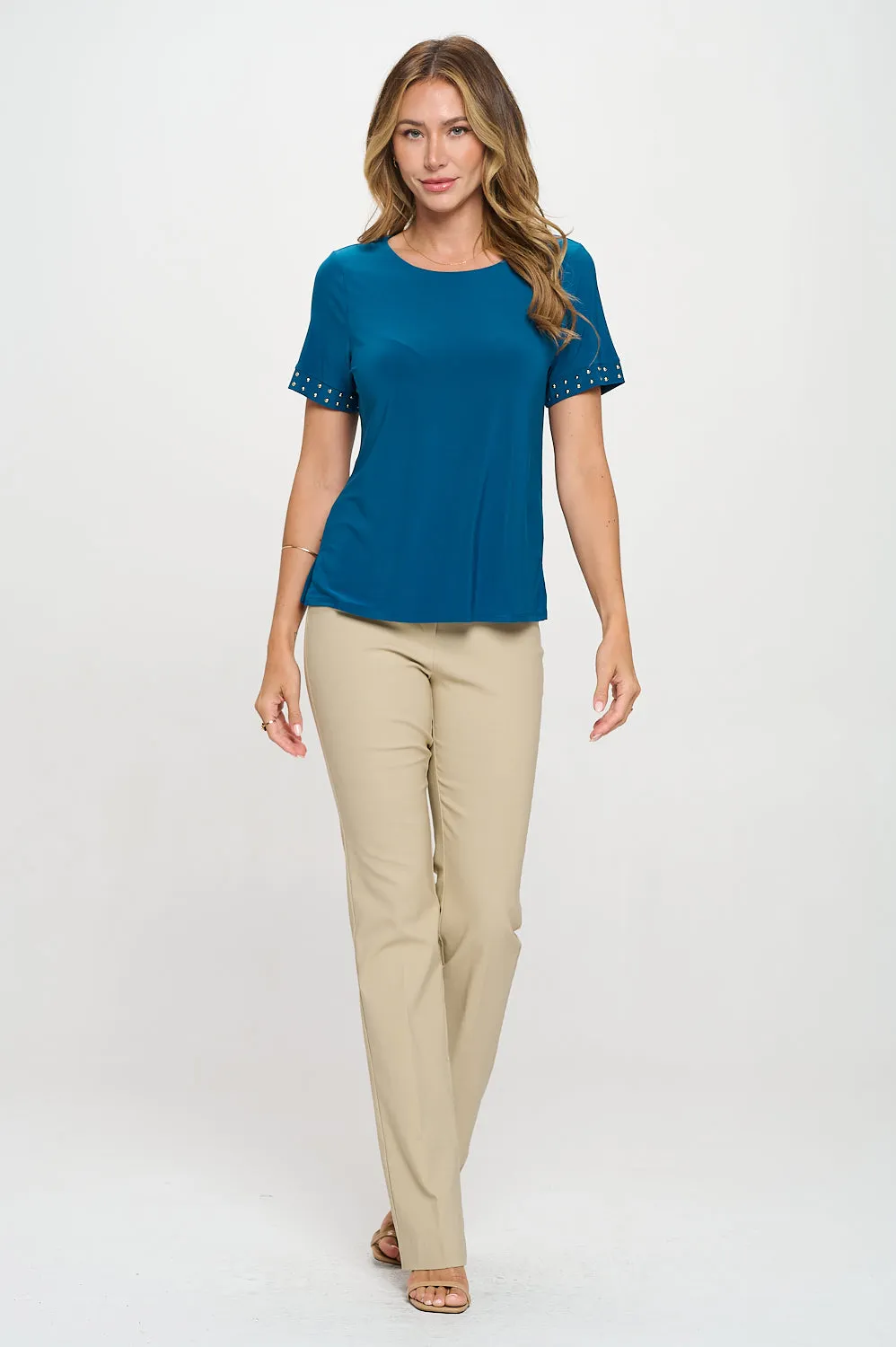 SCOOP NECK HOT FIX SLEEVE FASHION TEE TOP
