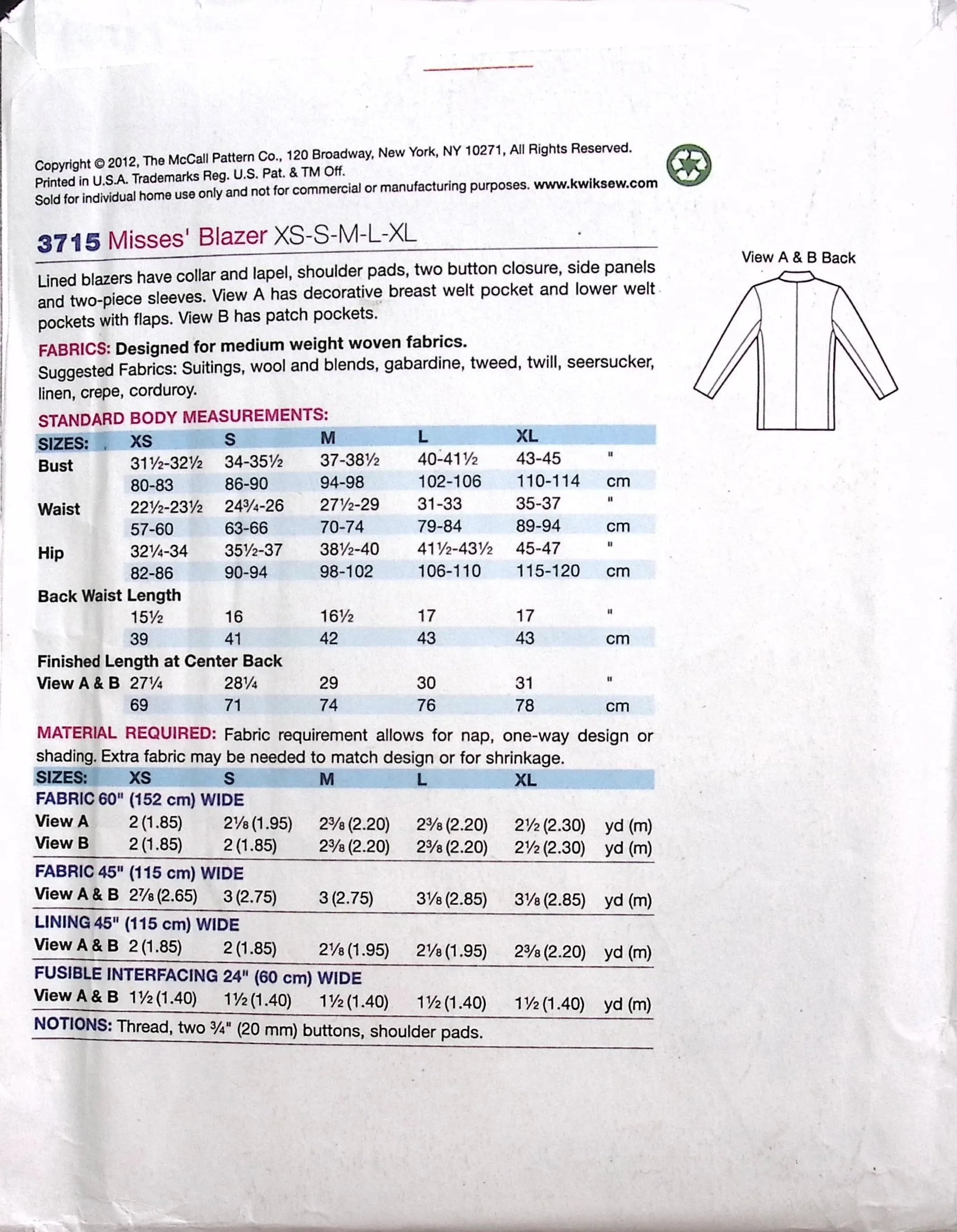 Sewing Pattern: Kwik Sew K3715