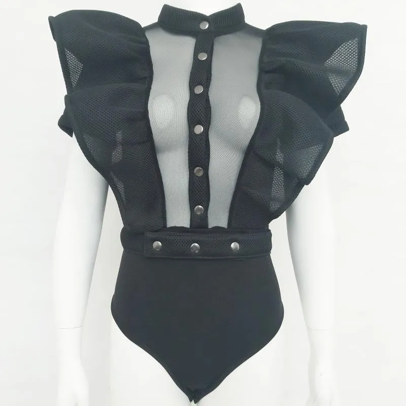 Sexy Lotus Leaf Sleeve Mesh Rompers