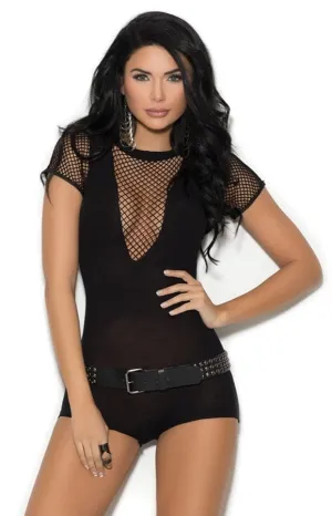 Sexy Wicked Black Fishnet Sleeve Opaque Romper