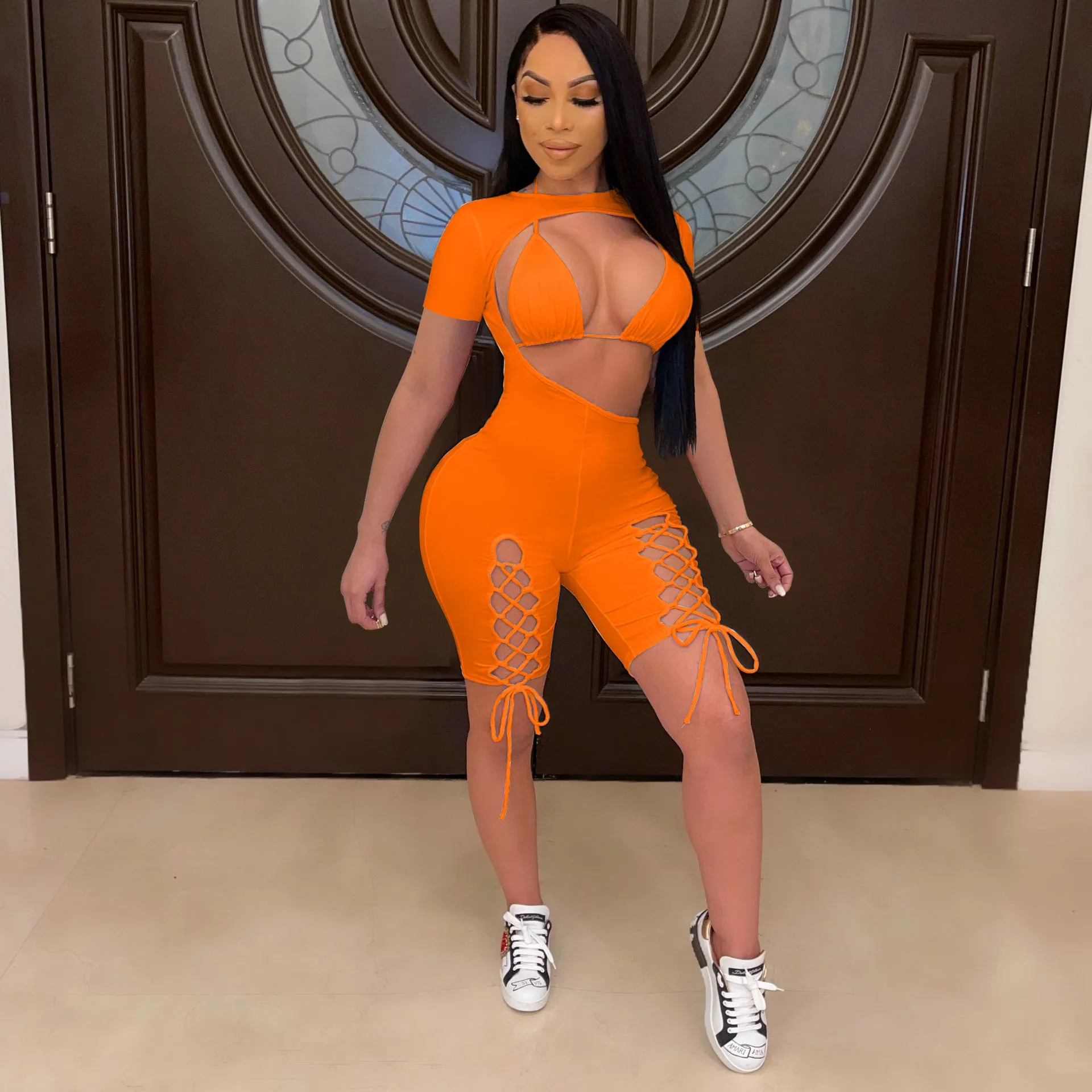 Short Sleeve Lace Up Jumpsuit Set AY2041