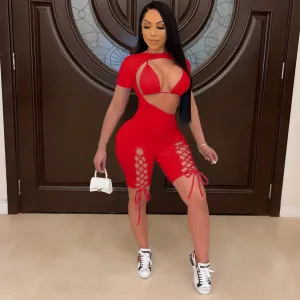 Short Sleeve Lace Up Jumpsuit Set AY2041