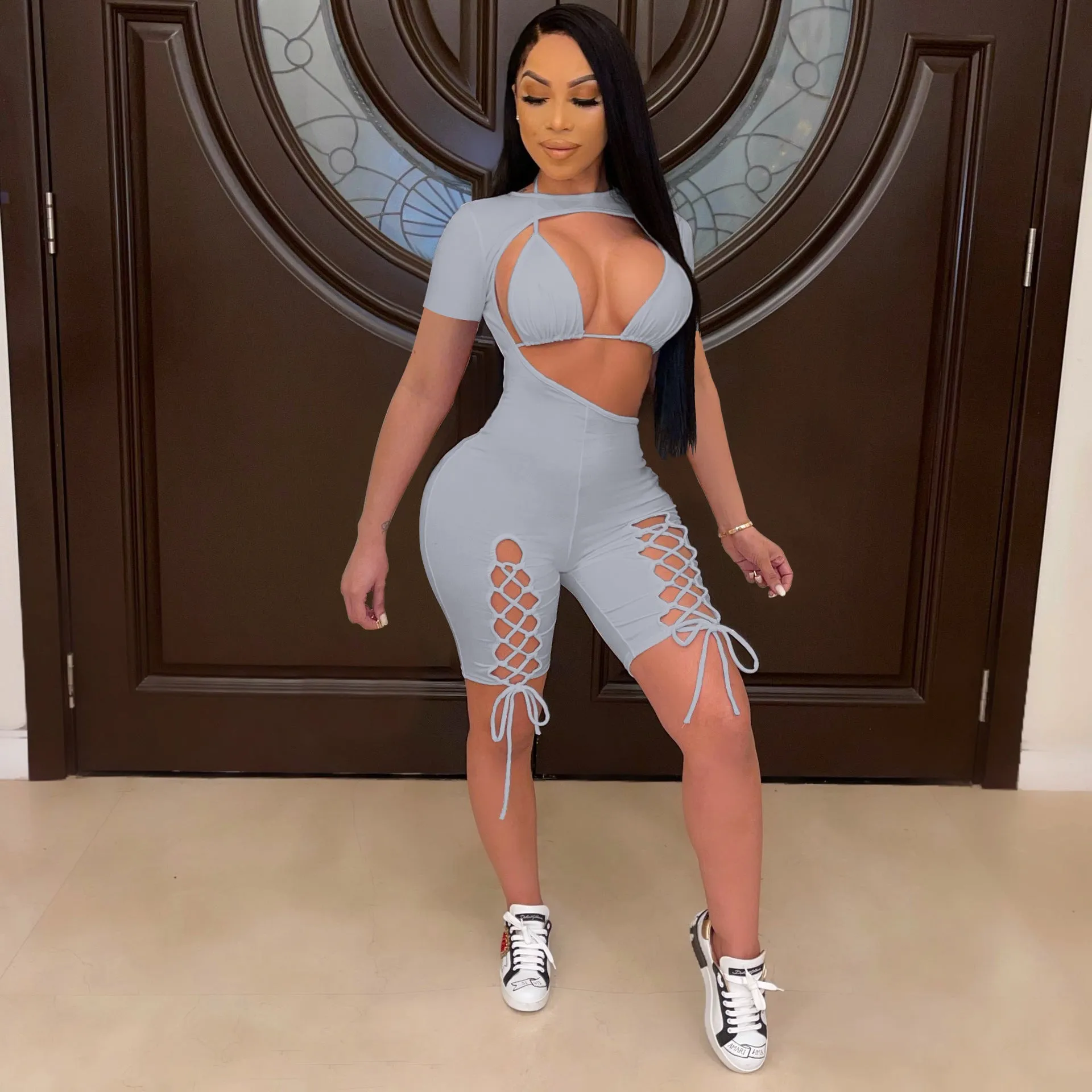 Short Sleeve Lace Up Jumpsuit Set AY2041