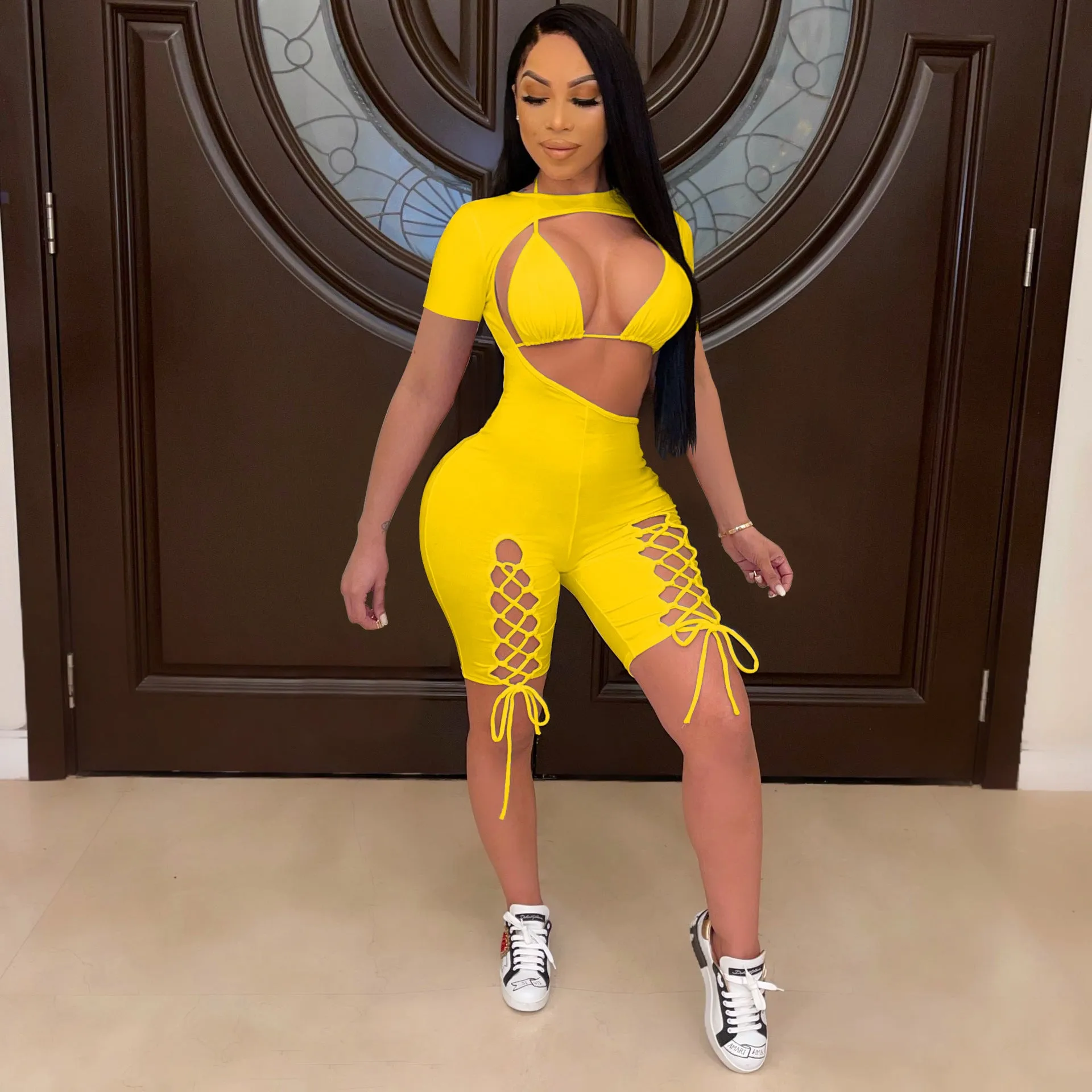 Short Sleeve Lace Up Jumpsuit Set AY2041