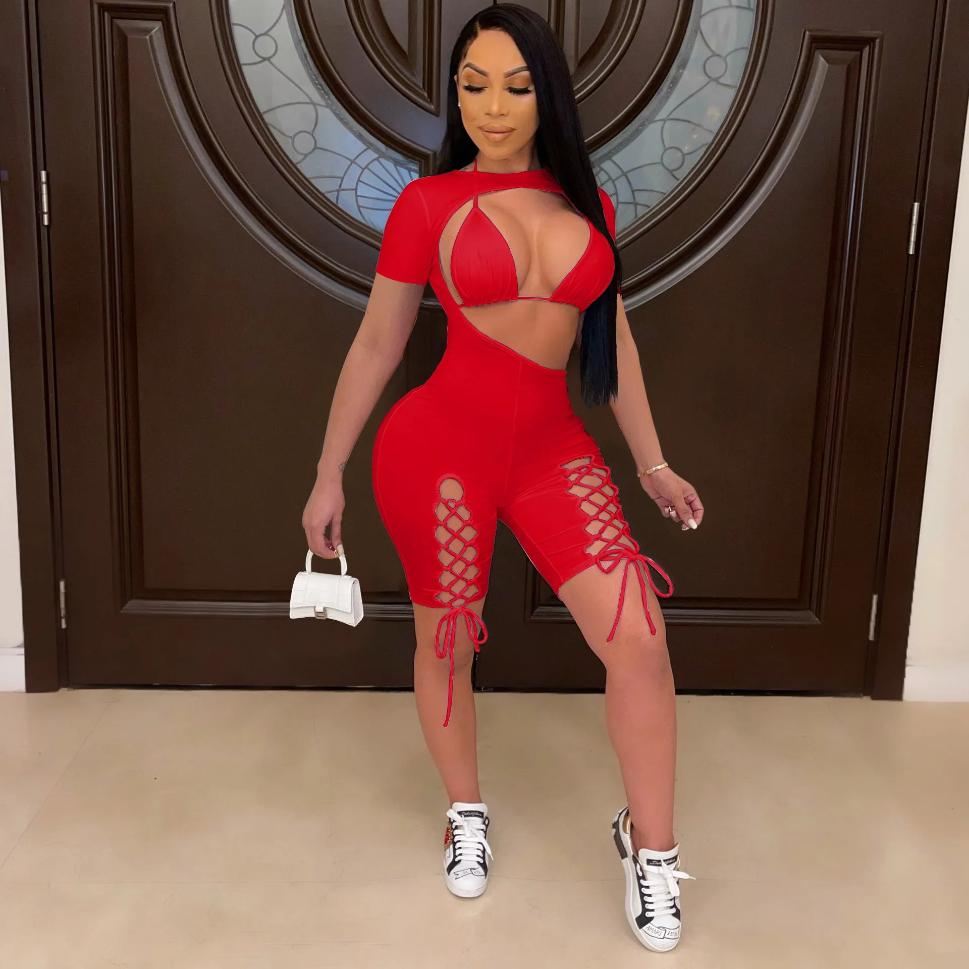 Short Sleeve Lace Up Jumpsuit Set AY2041