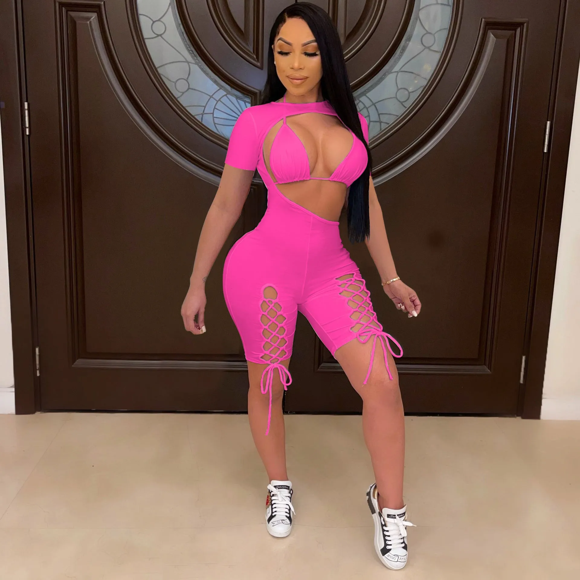 Short Sleeve Lace Up Jumpsuit Set AY2041