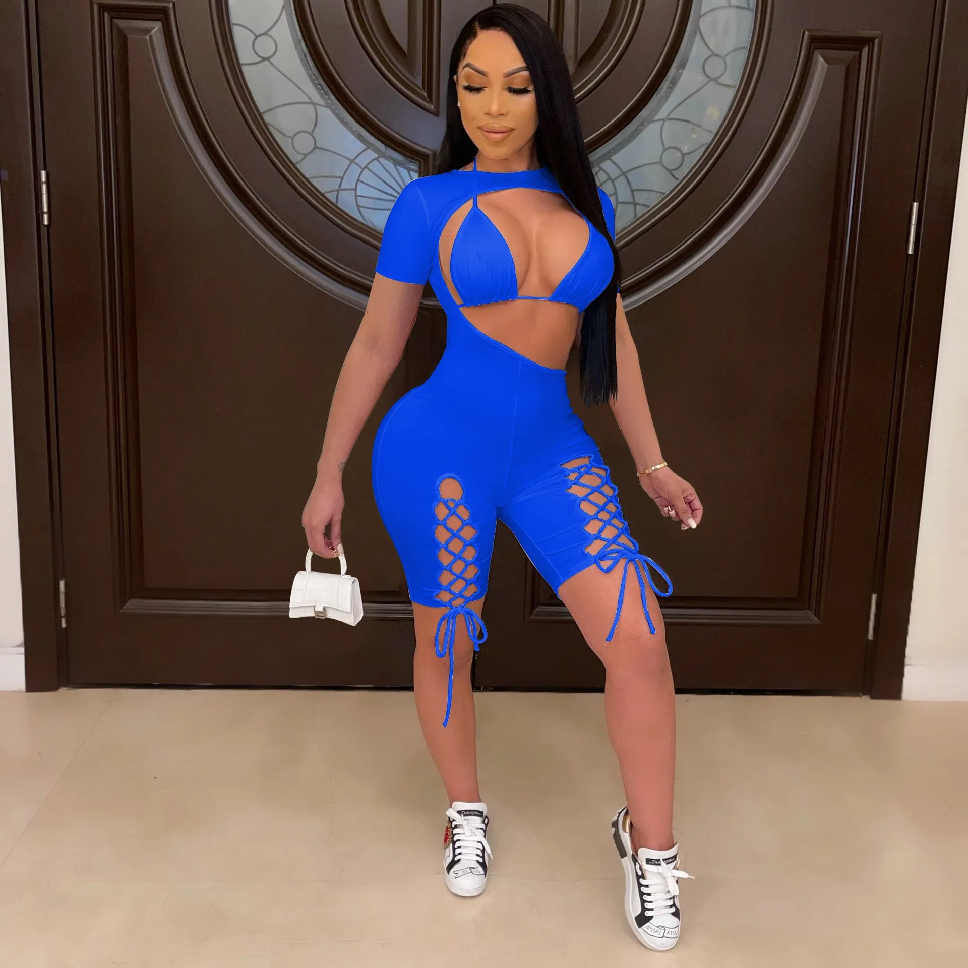Short Sleeve Lace Up Jumpsuit Set AY2041