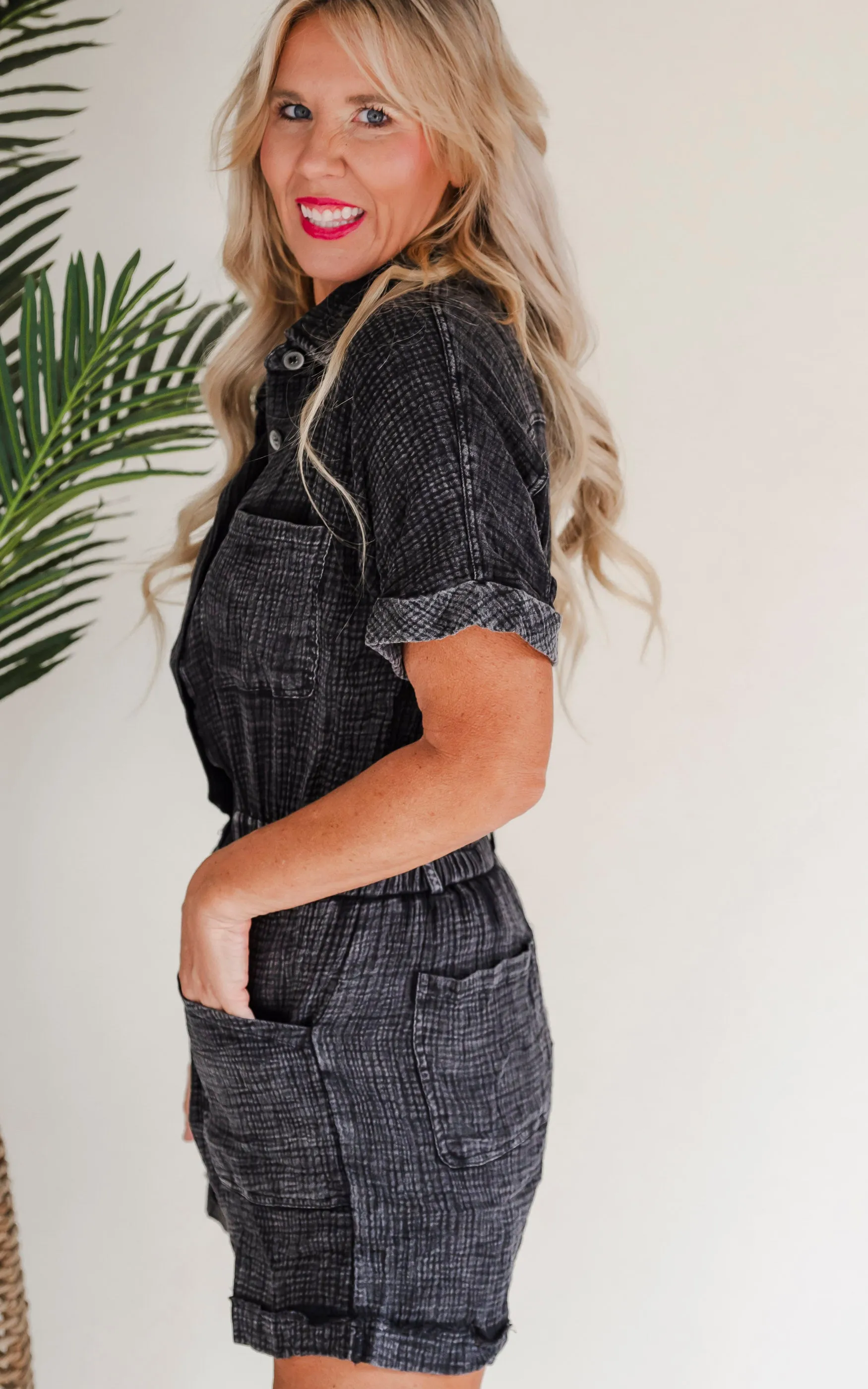 Short Sleeve Mineral Wash Romper