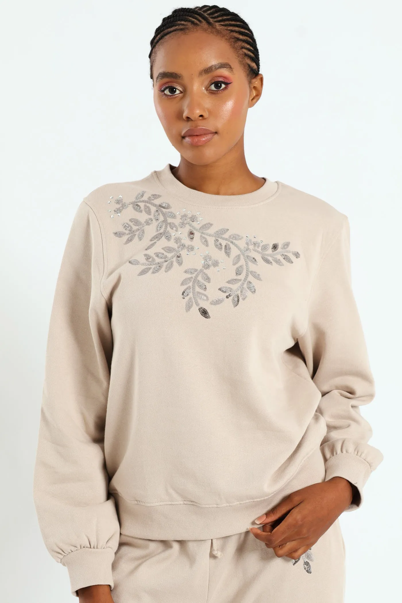 Shoulder Bead Detail Pullover - Bone