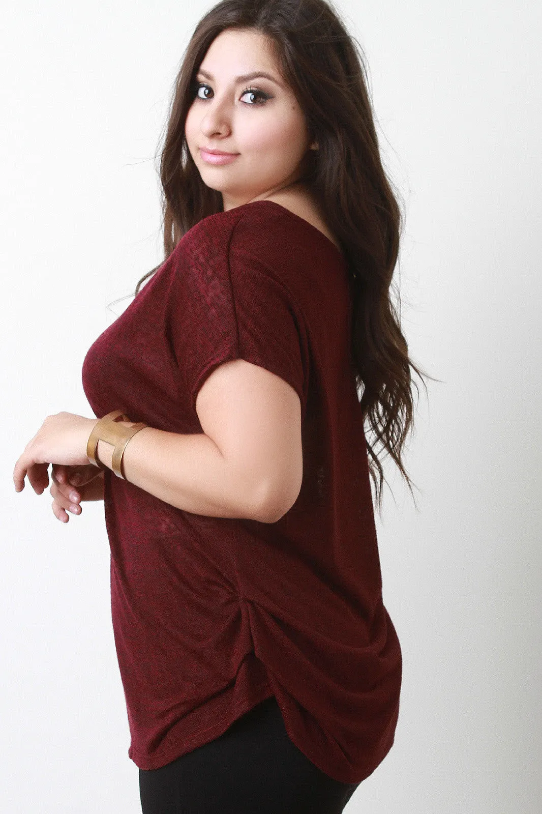 Side Cinched Scoop Neck Dolman Sleeves Top