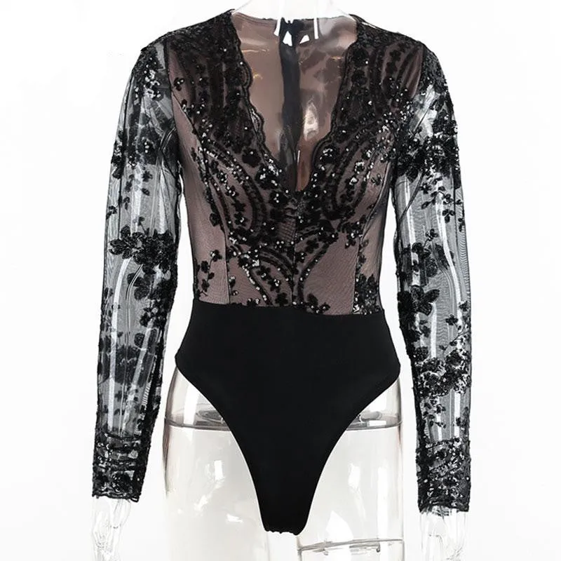 Simplee Apparel Golden sequin mesh bodysuit for women Transparent sleeve leotard bodysuit top V neck elegant jumpsuit romper