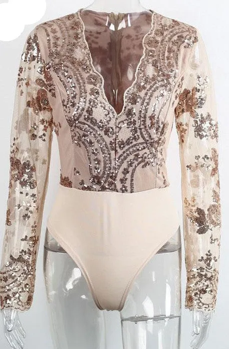 Simplee Apparel Golden sequin mesh bodysuit for women Transparent sleeve leotard bodysuit top V neck elegant jumpsuit romper