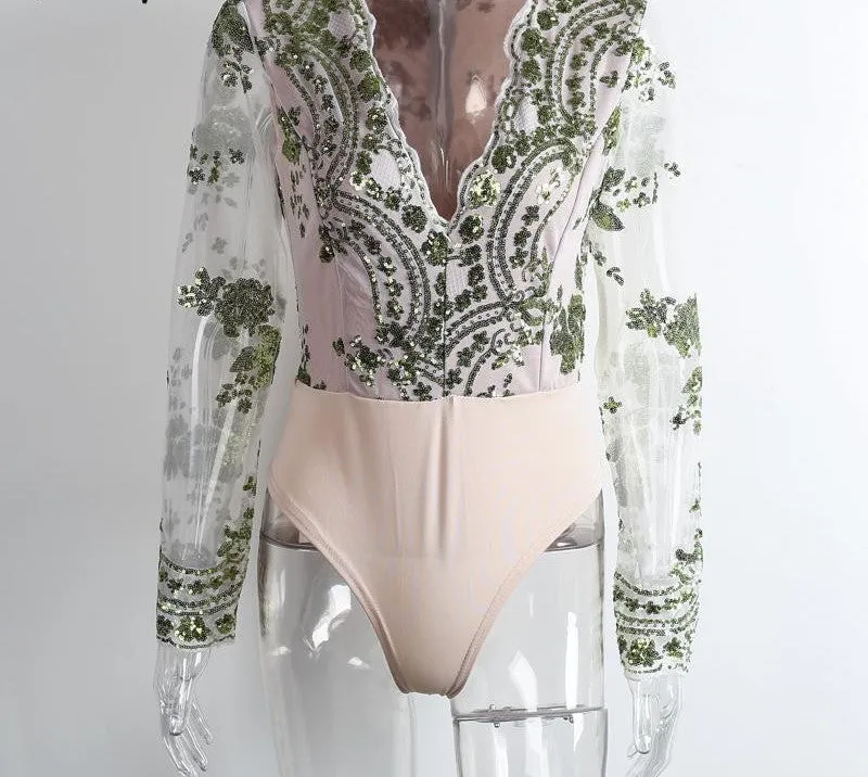 Simplee Apparel Golden sequin mesh bodysuit for women Transparent sleeve leotard bodysuit top V neck elegant jumpsuit romper