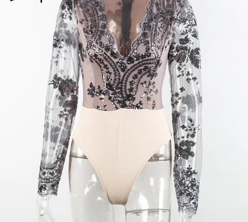 Simplee Apparel Golden sequin mesh bodysuit for women Transparent sleeve leotard bodysuit top V neck elegant jumpsuit romper